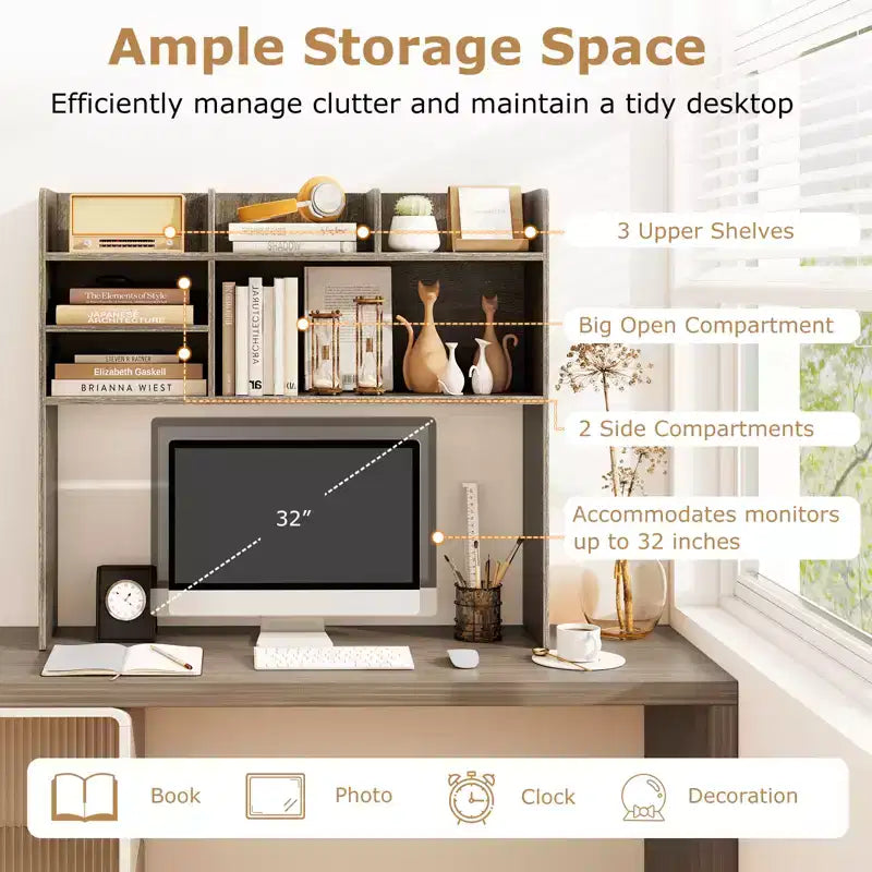 Costway Étagère de bureau à 3 niveaux avec 6 compartiments, organiseur de bureau pour ordinateur, Marron rustique/Gris/Naturel/Blanc/Beige