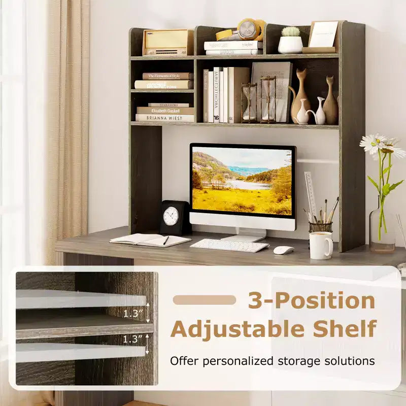 Costway Étagère de bureau à 3 niveaux avec 6 compartiments, organiseur de bureau pour ordinateur, Marron rustique/Gris/Naturel/Blanc/Beige