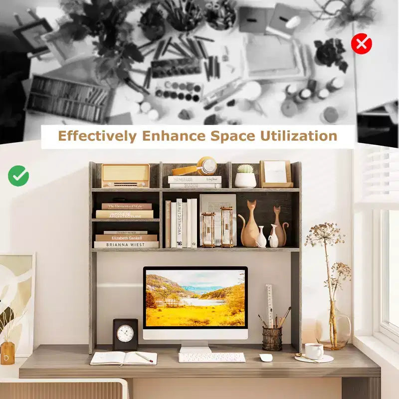 Costway Étagère de bureau à 3 niveaux avec 6 compartiments, organiseur de bureau pour ordinateur, Marron rustique/Gris/Naturel/Blanc/Beige