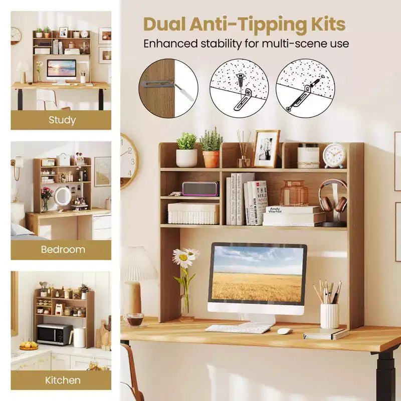 Costway Étagère de bureau à 3 niveaux avec 6 compartiments, organiseur de bureau pour ordinateur, Marron rustique/Gris/Naturel/Blanc/Beige