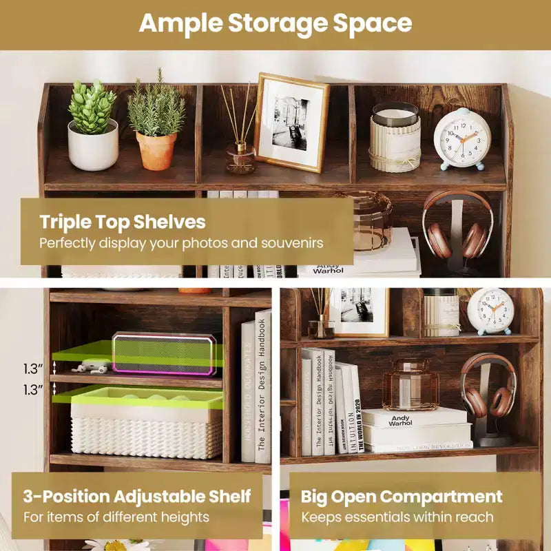 Costway Étagère de bureau à 3 niveaux avec 6 compartiments, organiseur de bureau pour ordinateur, Marron rustique/Gris/Naturel/Blanc/Beige
