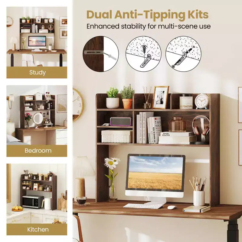 Costway Étagère de bureau à 3 niveaux avec 6 compartiments, organiseur de bureau pour ordinateur, Marron rustique/Gris/Naturel/Blanc/Beige