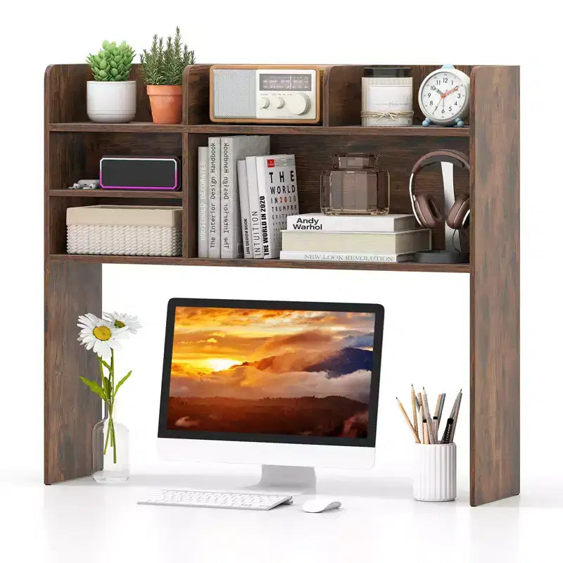 Costway Étagère de bureau à 3 niveaux avec 6 compartiments, organiseur de bureau pour ordinateur, Marron rustique/Gris/Naturel/Blanc/Beige