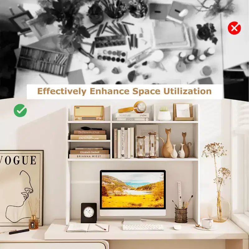 Costway Étagère de bureau à 3 niveaux avec 6 compartiments, organiseur de bureau pour ordinateur, Marron rustique/Gris/Naturel/Blanc/Beige