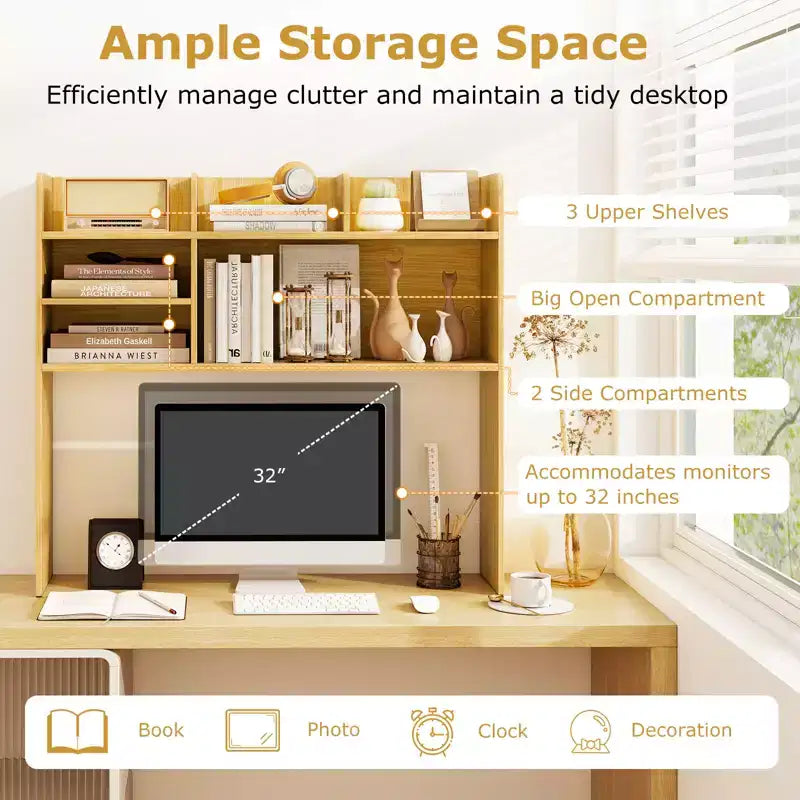 Costway Étagère de bureau à 3 niveaux avec 6 compartiments, organiseur de bureau pour ordinateur, Marron rustique/Gris/Naturel/Blanc/Beige