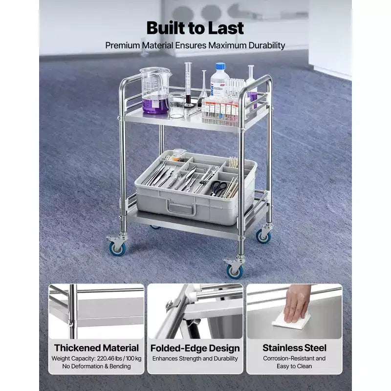 VEVOR Chariot de service en acier inoxydable, Chariot de laboratoire roulant à 2 niveaux avec roulettes verrouillables, Chariot de service médical, Argent