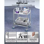 VEVOR Chariot de service en acier inoxydable, Chariot de laboratoire roulant à 2 niveaux avec roulettes verrouillables, Chariot de service médical, Argent