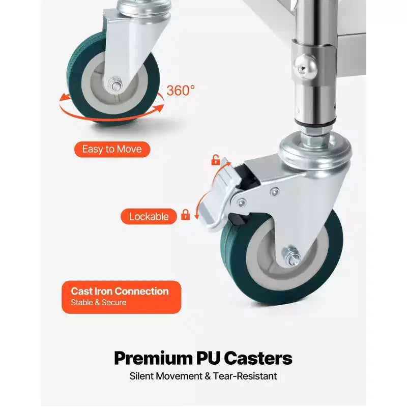 VEVOR Chariot de service en acier inoxydable, Chariot de laboratoire roulant à 2 niveaux avec roulettes verrouillables, Chariot de service médical, Argent