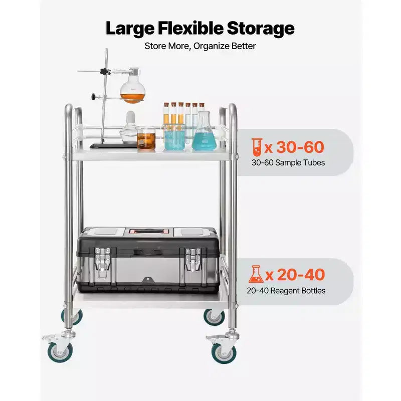 VEVOR Chariot de service en acier inoxydable, Chariot de laboratoire roulant à 2 niveaux avec roulettes verrouillables, Chariot de service médical, Argent