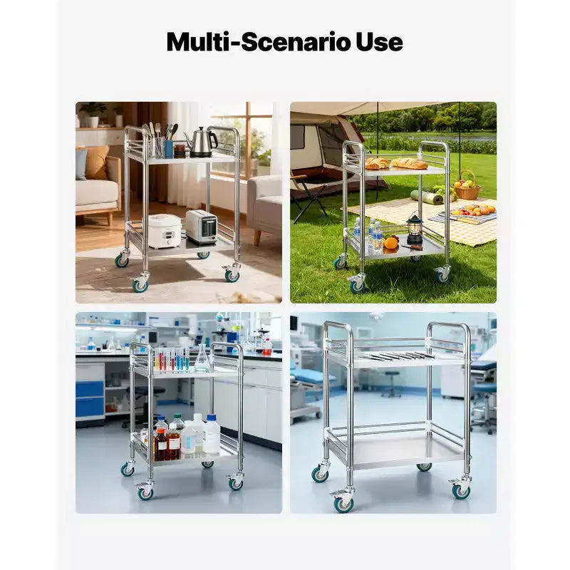 VEVOR Chariot de service en acier inoxydable, Chariot de laboratoire roulant à 2 niveaux avec roulettes verrouillables, Chariot de service médical, Argent
