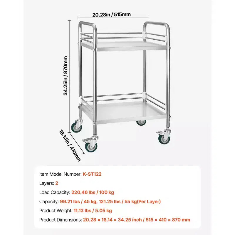 VEVOR Chariot de service en acier inoxydable, Chariot de laboratoire roulant à 2 niveaux avec roulettes verrouillables, Chariot de service médical, Argent