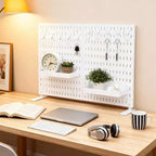 Présentoir de table à chevilles avec 10 crochets et 2 plateaux, sans perçage, panneau perforé portable autonome en plastique pour vendeurs, bureau, maison, dortoir, appartement