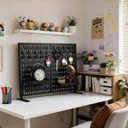 Présentoir de table à chevilles avec 10 crochets et 2 plateaux, sans perçage, panneau perforé portable autonome en plastique pour vendeurs, bureau, maison, dortoir, appartement