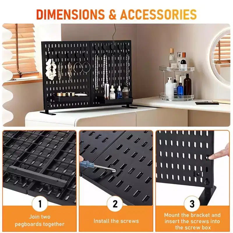 Présentoir de table à chevilles avec 10 crochets et 2 plateaux, sans perçage, panneau perforé portable autonome en plastique pour vendeurs, bureau, maison, dortoir, appartement