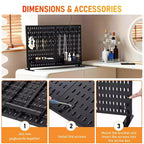 Présentoir de table à chevilles avec 10 crochets et 2 plateaux, sans perçage, panneau perforé portable autonome en plastique pour vendeurs, bureau, maison, dortoir, appartement