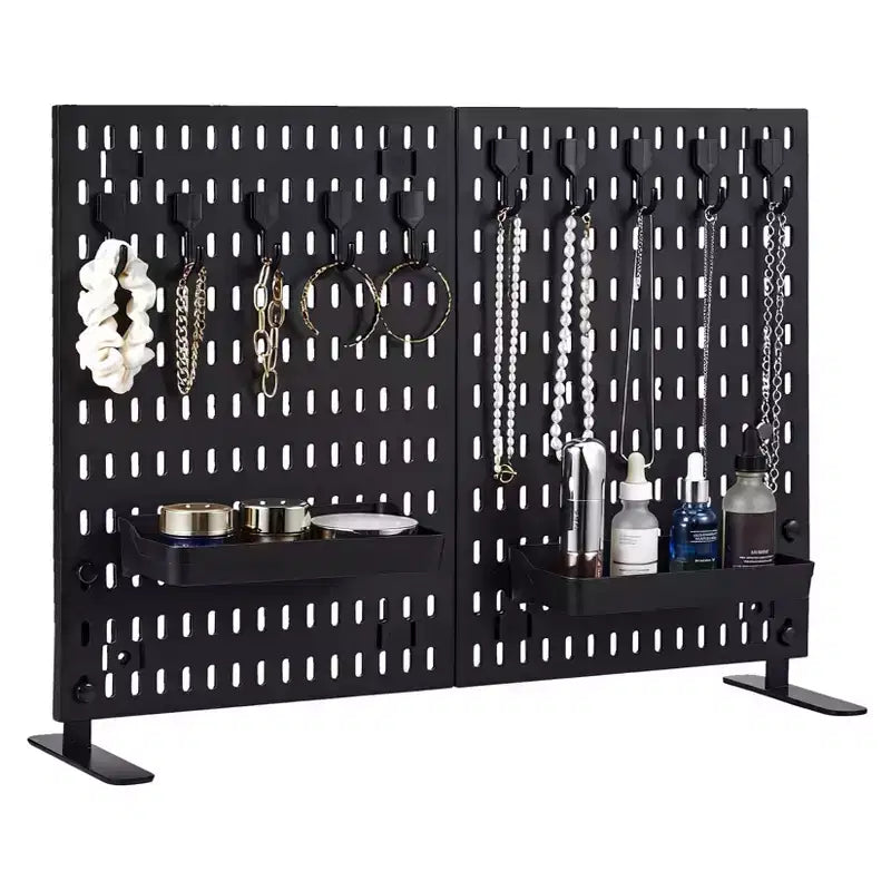 Tabletop Peg Board Display Stand with 10 Hooks & 2 Trays, No Drilling, Freestanding Portable Plastic Pegboard for Vendor Office Home Dorm Apartment