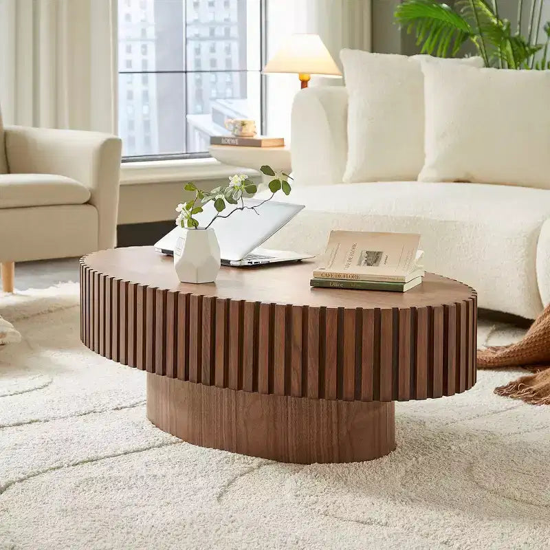 JVNOXK Table basse tambour artisanale moderne Longueur 43,7 pouces Table basse ovale pour salon, petite table basse ovale avec piédestal robuste