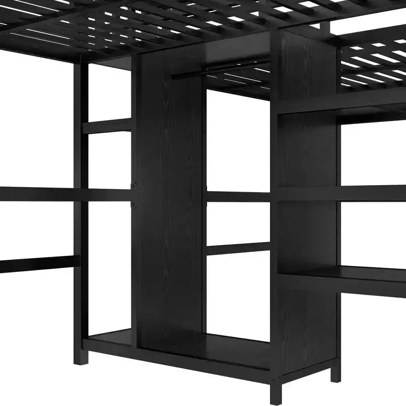 Lit superposé métallique Bellemave Twin avec double bureau, prises intégrées, armoire et étagères de rangement, cadre de lit superposé gain de place