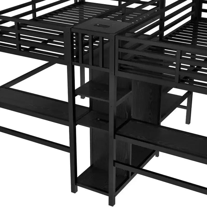 Lit superposé métallique Bellemave Twin avec double bureau, prises intégrées, armoire et étagères de rangement, cadre de lit superposé gain de place