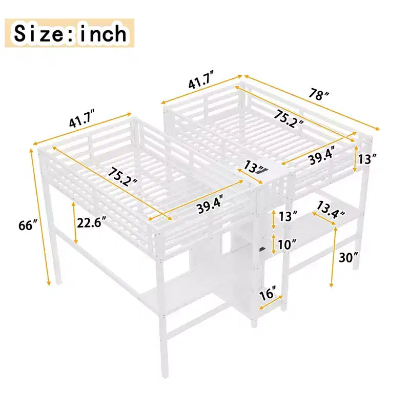 Lit superposé métallique Bellemave Twin avec double bureau, prises intégrées, armoire et étagères de rangement, cadre de lit superposé gain de place
