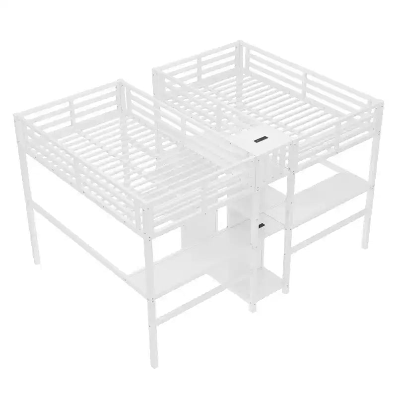 Lit superposé métallique Bellemave Twin avec double bureau, prises intégrées, armoire et étagères de rangement, cadre de lit superposé gain de place