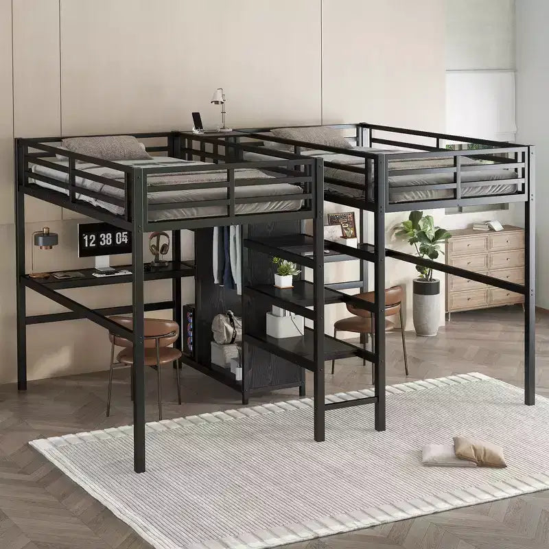 Lit superposé métallique Bellemave Twin avec double bureau, prises intégrées, armoire et étagères de rangement, cadre de lit superposé gain de place