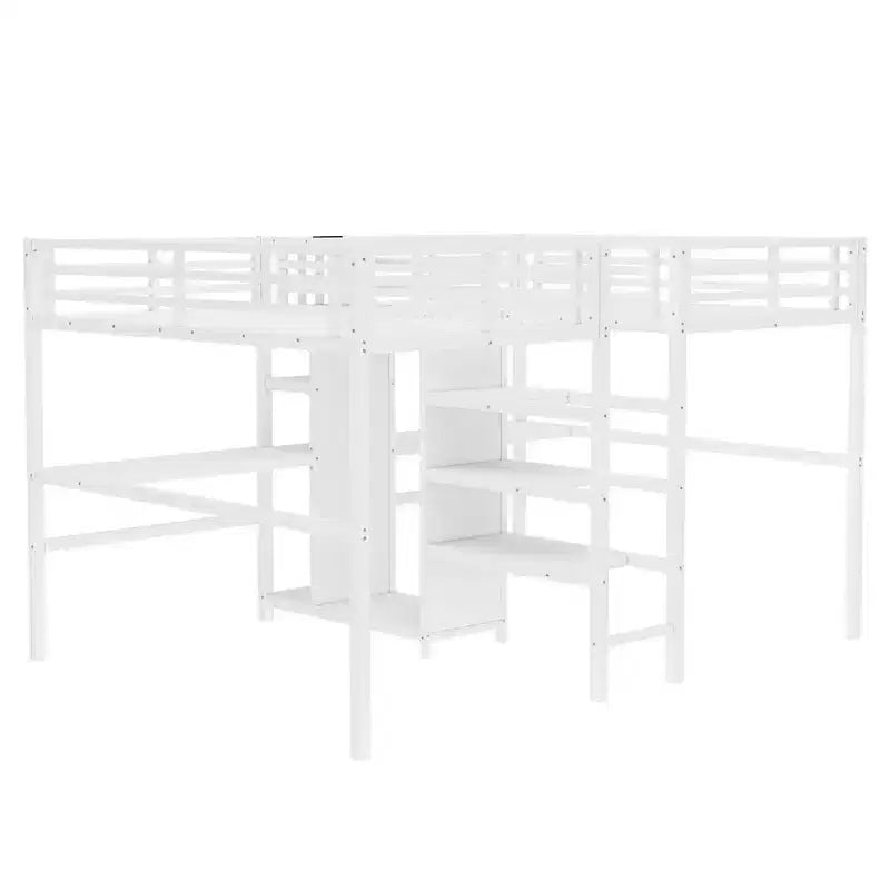 Lit superposé métallique Bellemave Twin avec double bureau, prises intégrées, armoire et étagères de rangement, cadre de lit superposé gain de place