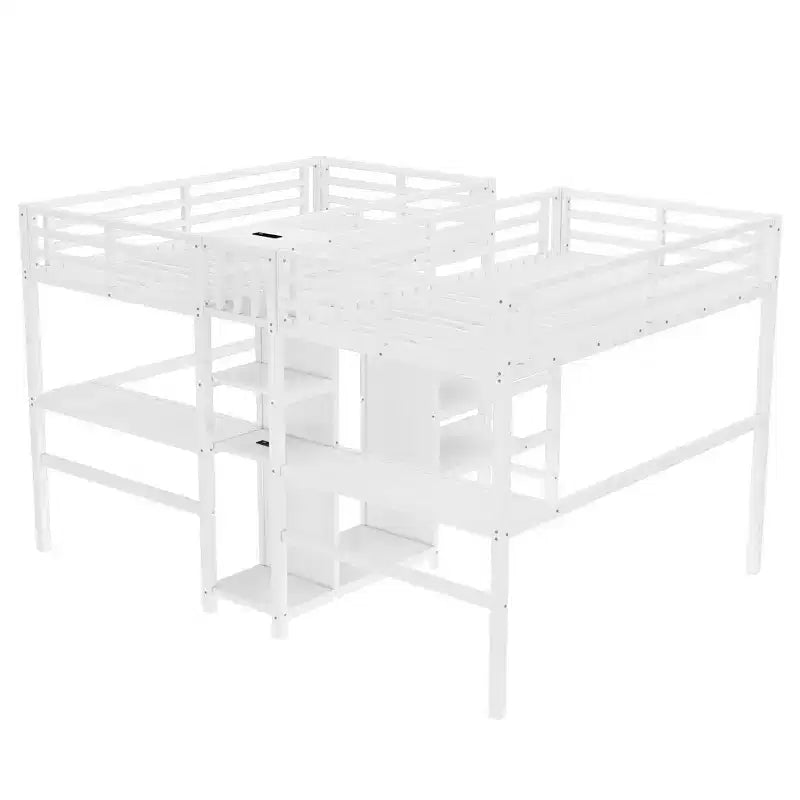 Lit superposé métallique Bellemave Twin avec double bureau, prises intégrées, armoire et étagères de rangement, cadre de lit superposé gain de place