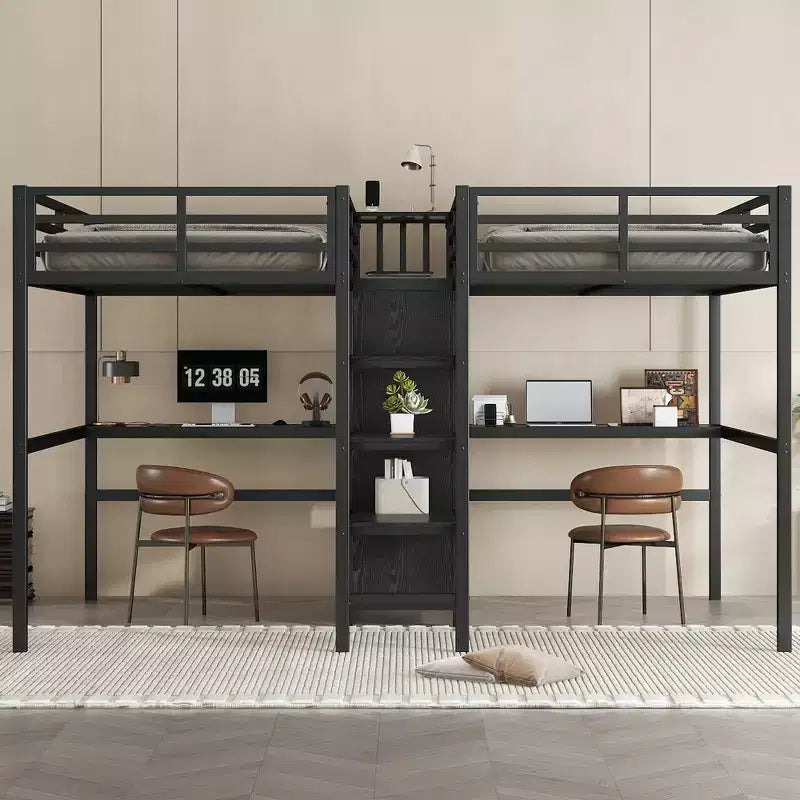 Lit superposé métallique Bellemave Twin avec double bureau, prises intégrées, armoire et étagères de rangement, cadre de lit superposé gain de place