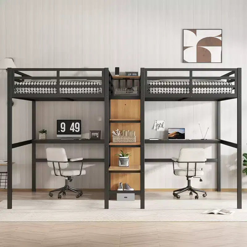 Lit superposé métallique Bellemave Twin avec double bureau, prises intégrées, armoire et étagères de rangement, cadre de lit superposé gain de place