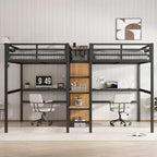 Lit superposé métallique Bellemave Twin avec double bureau, prises intégrées, armoire et étagères de rangement, cadre de lit superposé gain de place