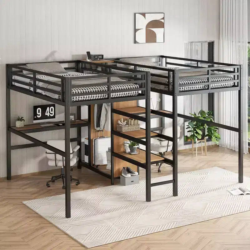 Lit superposé métallique Bellemave Twin avec double bureau, prises intégrées, armoire et étagères de rangement, cadre de lit superposé gain de place