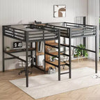 Lit superposé métallique Bellemave Twin avec double bureau, prises intégrées, armoire et étagères de rangement, cadre de lit superposé gain de place
