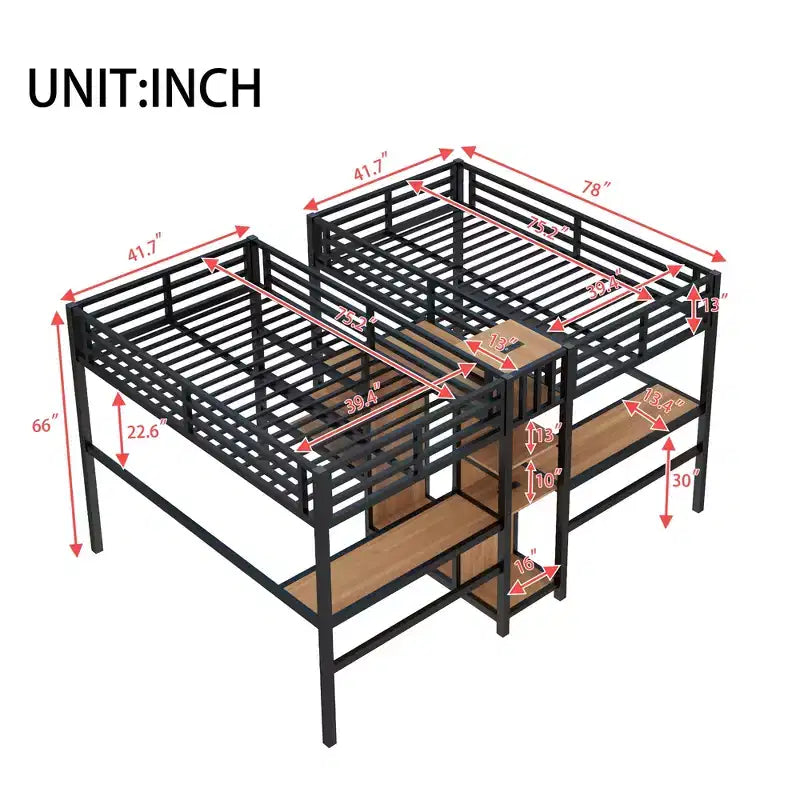 Lit superposé métallique Bellemave Twin avec double bureau, prises intégrées, armoire et étagères de rangement, cadre de lit superposé gain de place