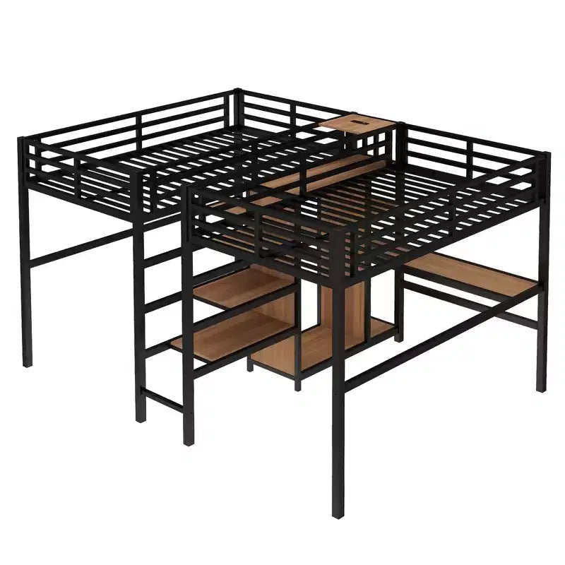 Lit superposé métallique Bellemave Twin avec double bureau, prises intégrées, armoire et étagères de rangement, cadre de lit superposé gain de place
