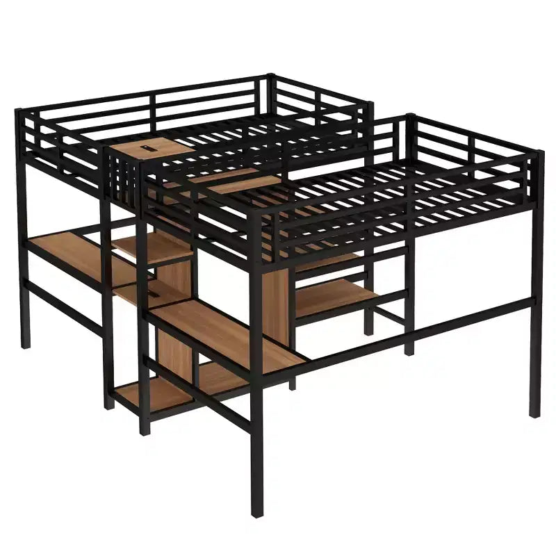Lit superposé métallique Bellemave Twin avec double bureau, prises intégrées, armoire et étagères de rangement, cadre de lit superposé gain de place