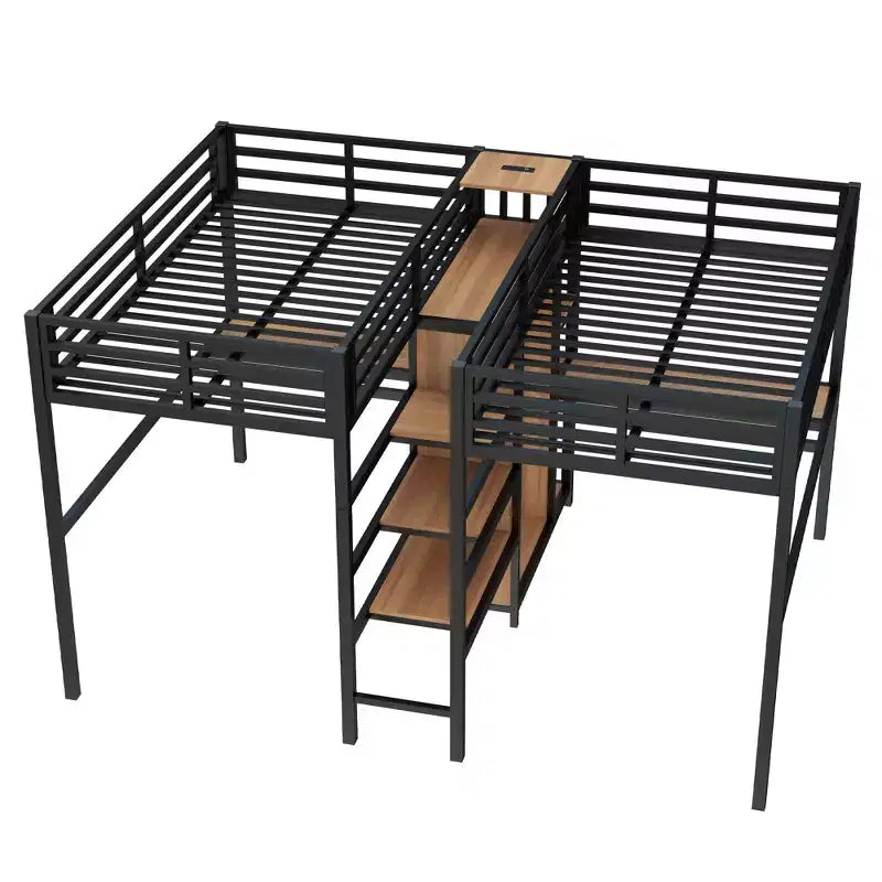 Lit superposé métallique Bellemave Twin avec double bureau, prises intégrées, armoire et étagères de rangement, cadre de lit superposé gain de place