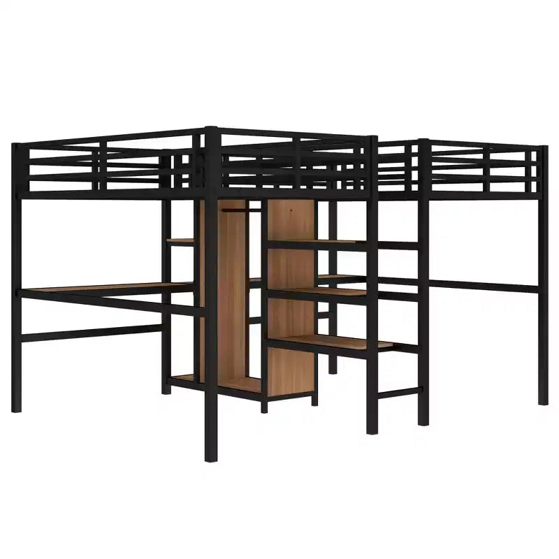 Lit superposé métallique Bellemave Twin avec double bureau, prises intégrées, armoire et étagères de rangement, cadre de lit superposé gain de place