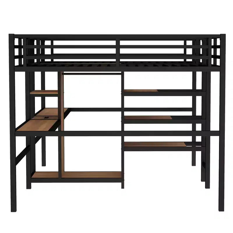 Lit superposé métallique Bellemave Twin avec double bureau, prises intégrées, armoire et étagères de rangement, cadre de lit superposé gain de place