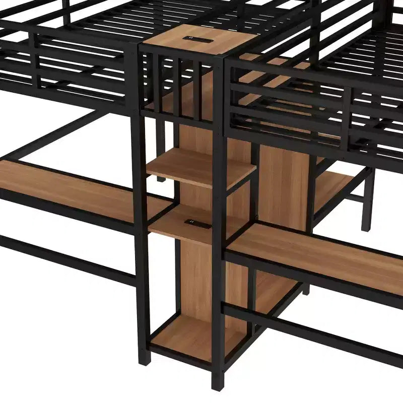 Lit superposé métallique Bellemave Twin avec double bureau, prises intégrées, armoire et étagères de rangement, cadre de lit superposé gain de place