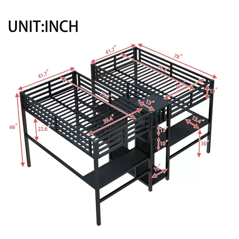 Lit superposé métallique Bellemave Twin avec double bureau, prises intégrées, armoire et étagères de rangement, cadre de lit superposé gain de place