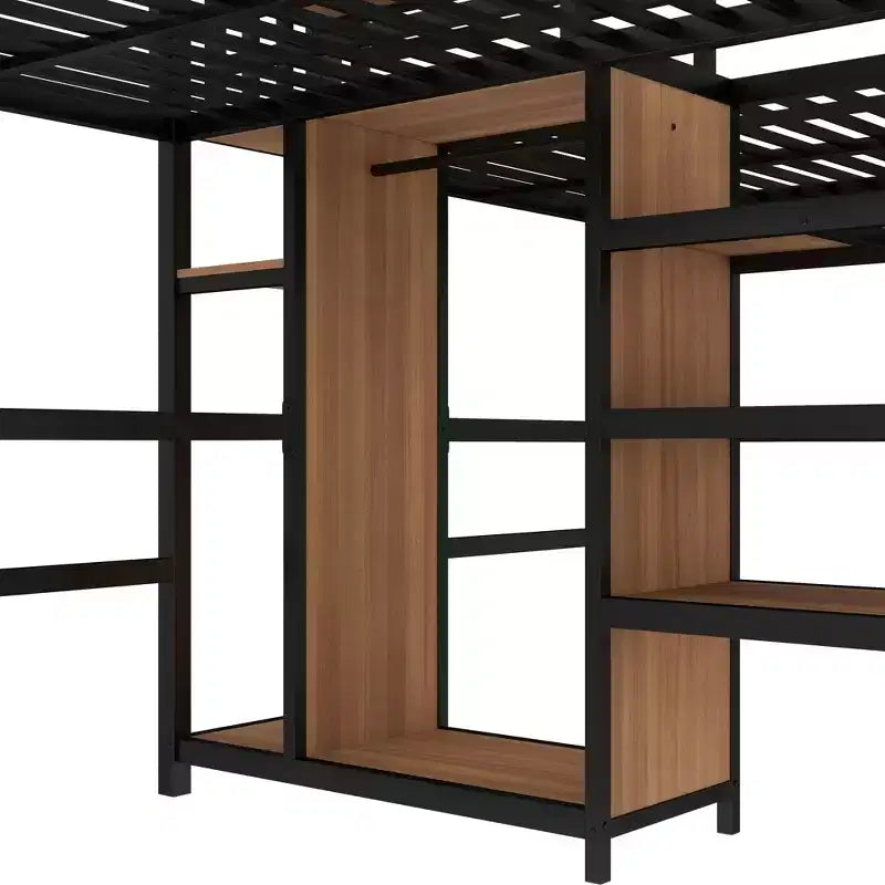 Lit superposé métallique Bellemave Twin avec double bureau, prises intégrées, armoire et étagères de rangement, cadre de lit superposé gain de place