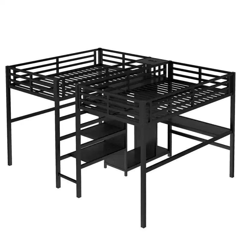 Lit superposé métallique Bellemave Twin avec double bureau, prises intégrées, armoire et étagères de rangement, cadre de lit superposé gain de place
