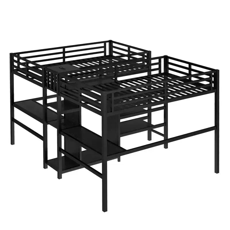 Lit superposé métallique Bellemave Twin avec double bureau, prises intégrées, armoire et étagères de rangement, cadre de lit superposé gain de place