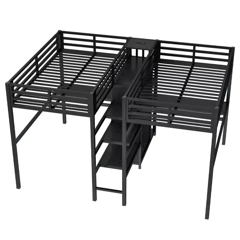 Lit superposé métallique Bellemave Twin avec double bureau, prises intégrées, armoire et étagères de rangement, cadre de lit superposé gain de place