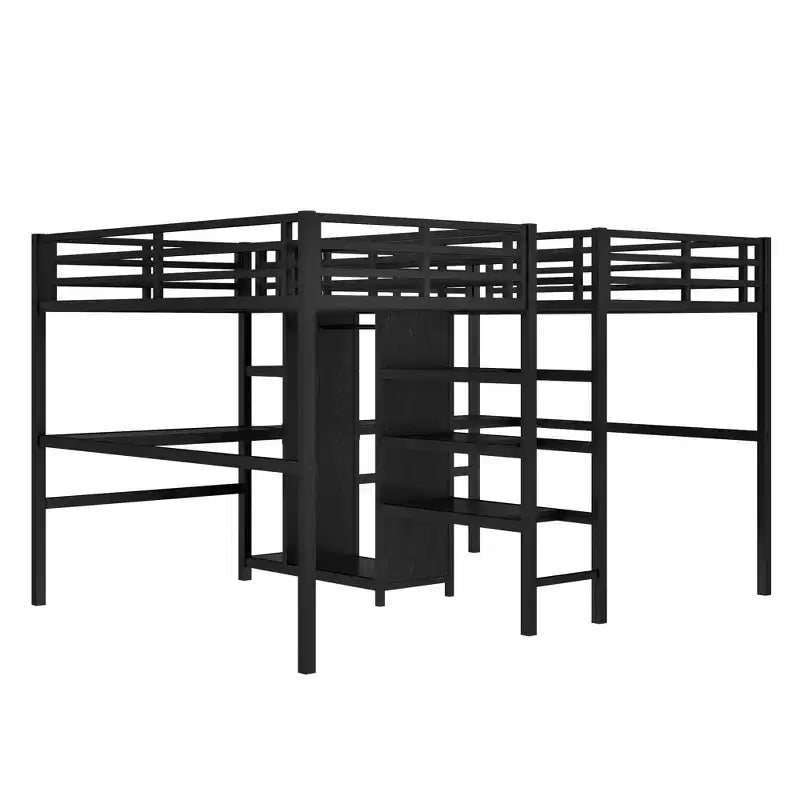 Lit superposé métallique Bellemave Twin avec double bureau, prises intégrées, armoire et étagères de rangement, cadre de lit superposé gain de place