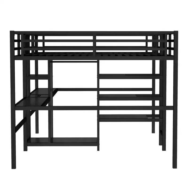 Lit superposé métallique Bellemave Twin avec double bureau, prises intégrées, armoire et étagères de rangement, cadre de lit superposé gain de place