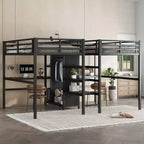 Bellemave Twin Metal Loft Bed with Double Desk, Built-in Outlets, Wardrobe and Storage Shelves, Space-Saving Loft Bed Frame