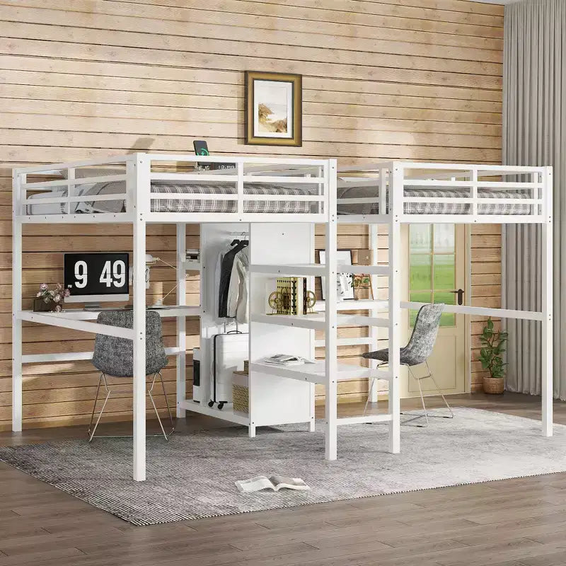 Lit superposé métallique Bellemave Twin avec double bureau, prises intégrées, armoire et étagères de rangement, cadre de lit superposé gain de place
