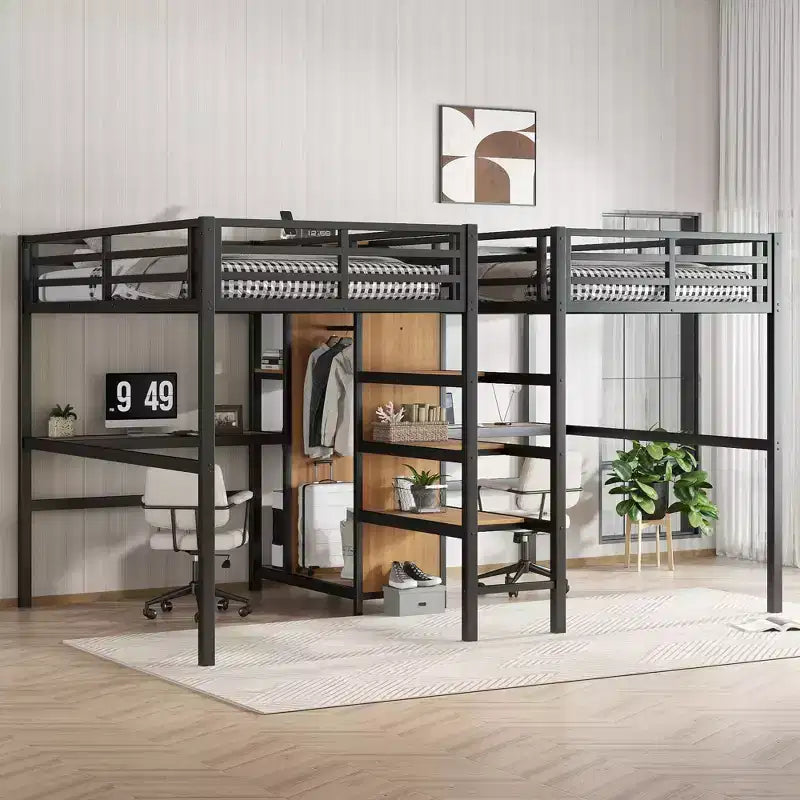 Lit superposé métallique Bellemave Twin avec double bureau, prises intégrées, armoire et étagères de rangement, cadre de lit superposé gain de place